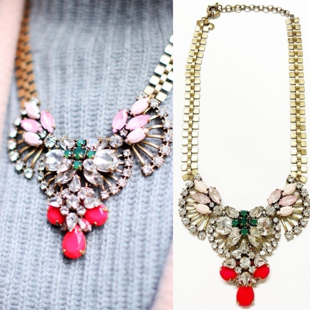 J Crew Womens Gold Plated Brass Multicolored Crystal Fan Statement Necklace